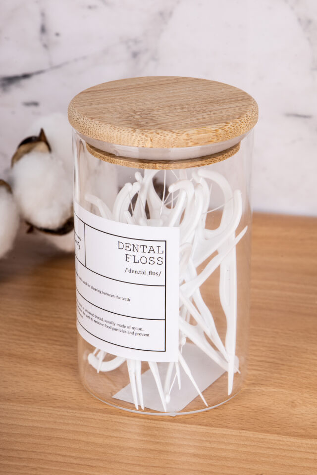 250ml Bambu Kapaklı Borosilikat Cam Diş İpi Kavanozu (Etiket Dahil) Şeffaf