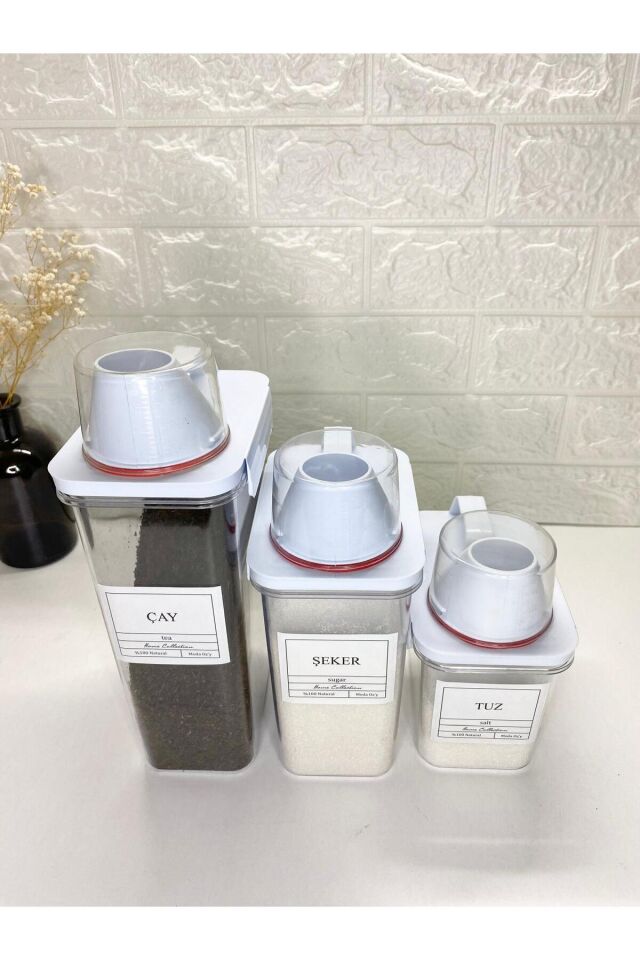3lü Ölçü Kapaklı 2300/1800/1100 ml Çay/Şeker /Tuz  Saklama Kabı Vakumlu Akrilik Erzak Kabı