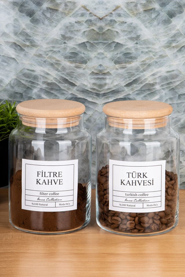 2li 800ml Ahşap Kapaklı Filtre Kahve &Türk Kahvesi Kavanozu Vakumlu Saklama Kabı (Etiket Dahildir) Şeffaf