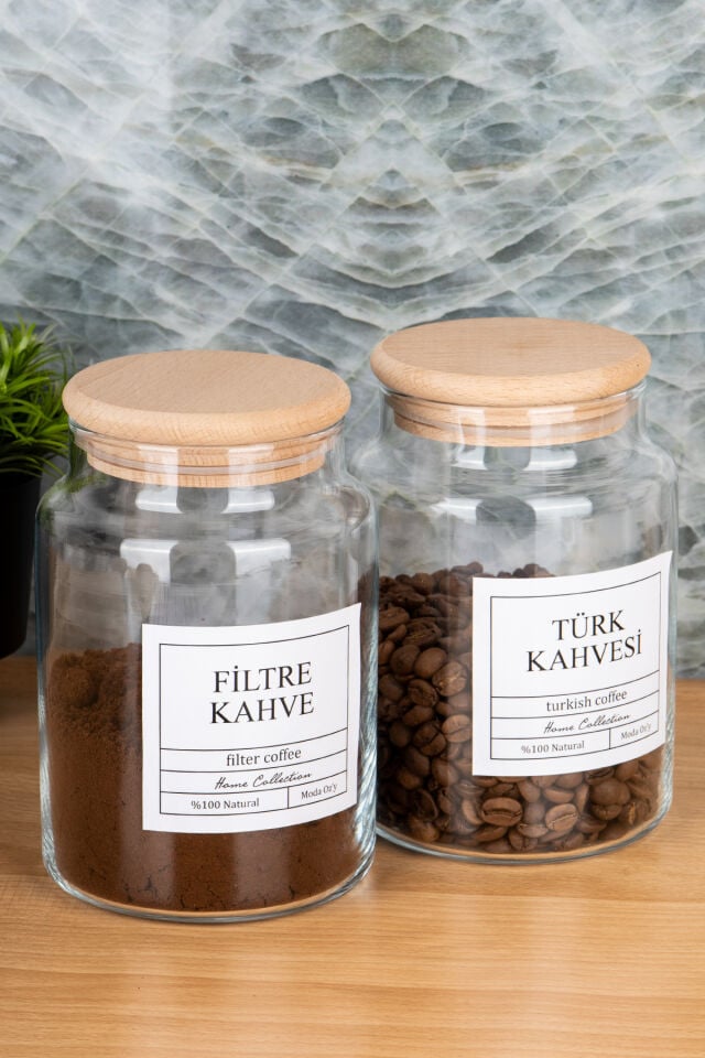 2li 800ml Ahşap Kapaklı Filtre Kahve &Türk Kahvesi Kavanozu Vakumlu Saklama Kabı (Etiket Dahildir) Şeffaf