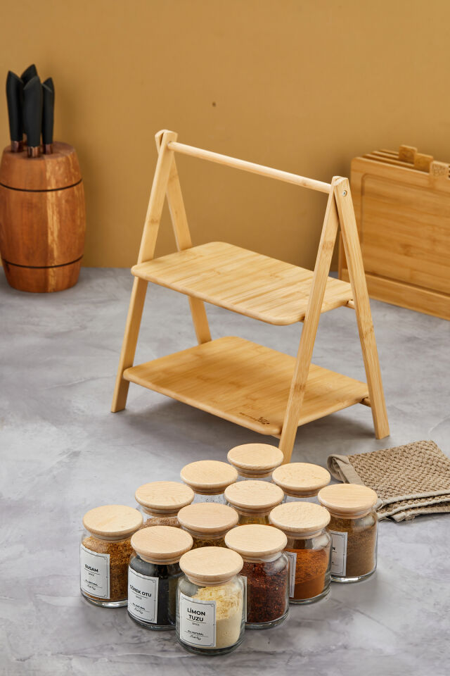 2 Katlı Açılıp Kapanabilen Bambu  Stant-Düzenleyici-Organizer-Sunum Tepsisi
