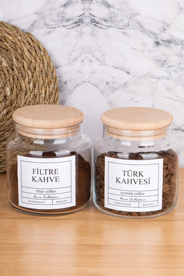 2li 500ml Ahşap Kapaklı Türk Kahvesi &Filtre Kahve Etiketli Kavanoz Cam Saklama Kabı Şeffaf