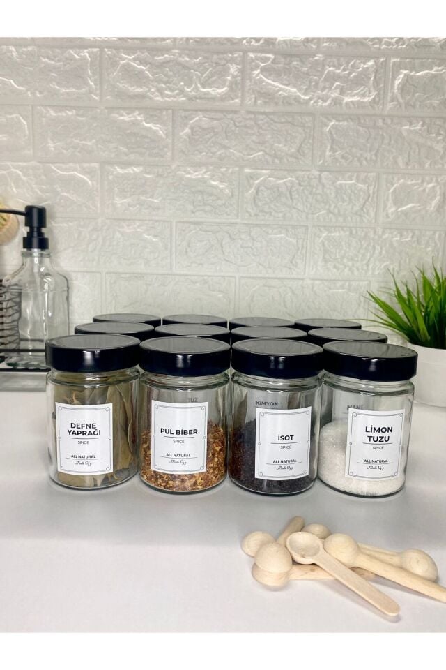 12'li Siyah Metal Kapaklı Etiketli Kaşıklı Baharat Saklama Kabı Cam Kavanoz 350ml