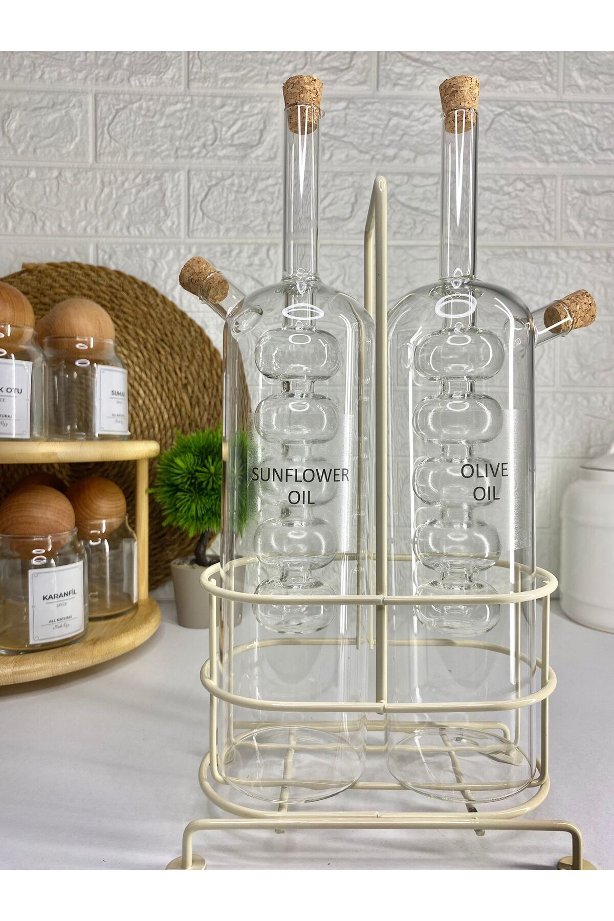 2'li Metal Stantlı 750ml Sıvıyağ /250ml Sirkelik Çift Çedarlı Cam Şişe Yağlık