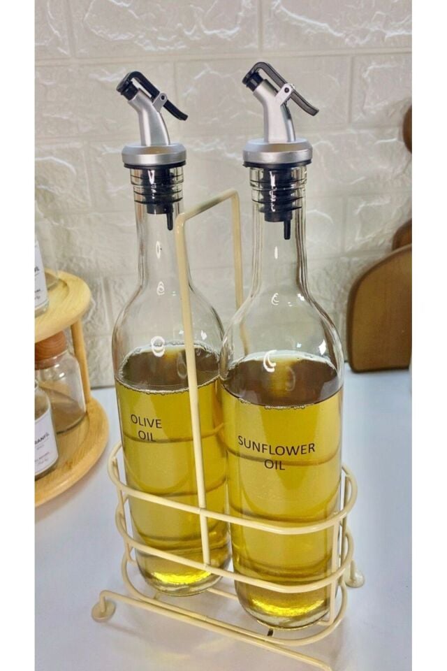 2'li Metal Stantlı 750ml Sıvıyağ /Zeytinyağı Şişesi Şeffaf Etiketli Yağlık