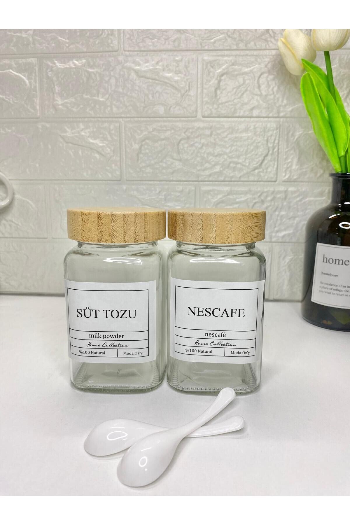 2'li Bambu Kapaklı Türk Kahvesi/Filtre Kahve Etiketli 500 ml Kavanoz (Kaşık Hediyeli) Şeffaf