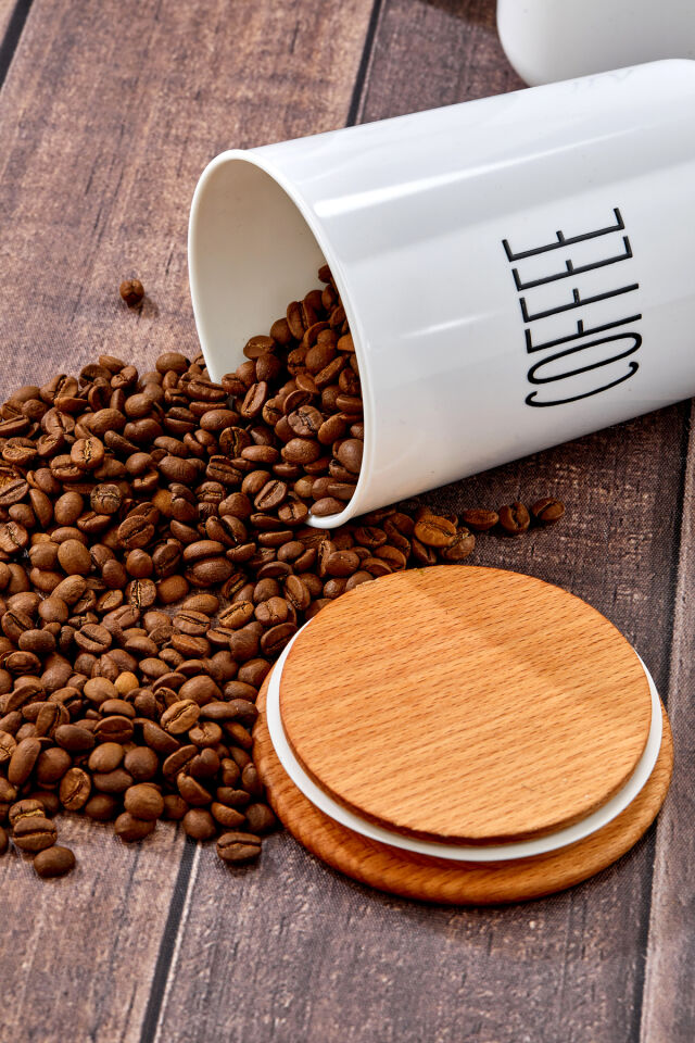 4lü Ahşap Vakum Kapaklı Transfer Etiketli Akrilik (PLASTİK)tea/şugar/coffe/salt Kavanoz 900ml Beyaz