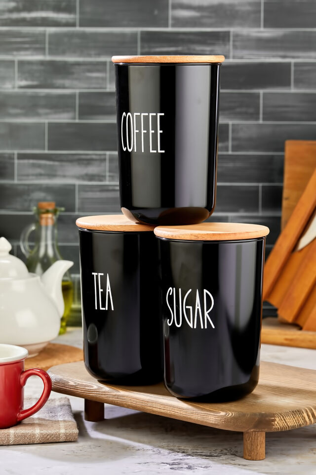 3'lü Ahşap Vakum Kapaklı Transfer Etiketli Akrilik (PLASTİK) Tea/sugar/coffe Kavanoz 900ml Siyah