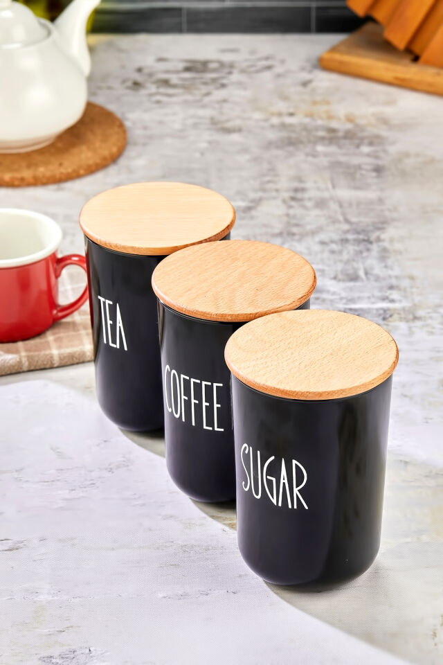 3'lü Ahşap Vakum Kapaklı Transfer Etiketli Akrilik (PLASTİK) Tea/sugar/coffe Kavanoz 900ml Siyah