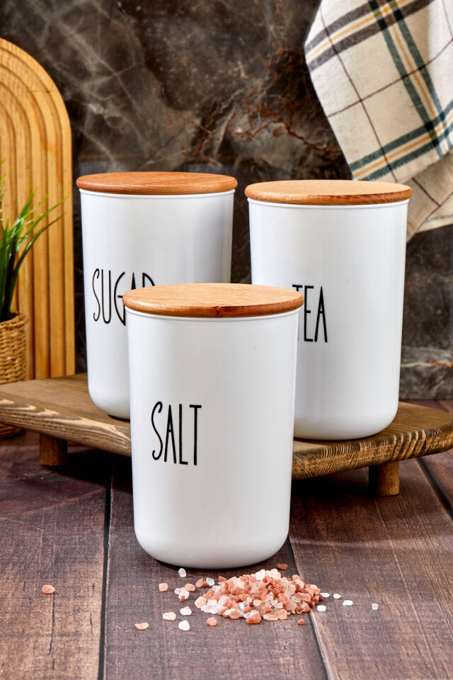 3'lü 900ml Ahşap Kapaklı Akrilik (PLASTİK) Saklama Kabı Stantlı Kavanoz Seti (TRANSFER ETİKETLİ) Beyaz