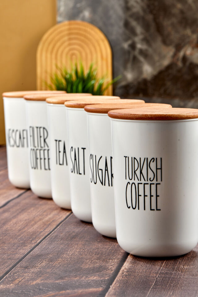 6'lı Ahşap Kapaklı Transfer Etiketli Coffe/tea/sugar PLASTİKKavanoz 900ml Saklama Kabı. Beyaz