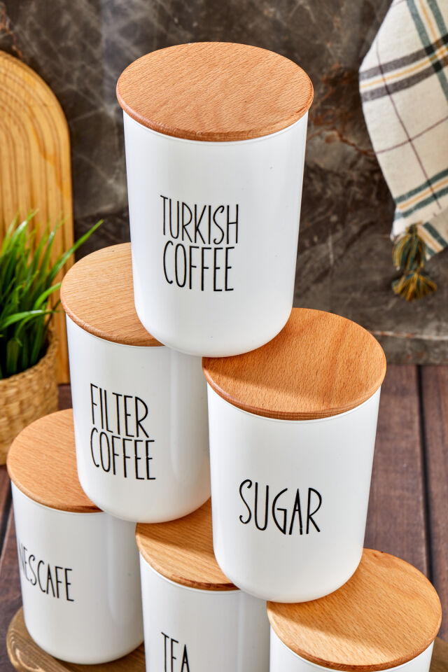 6'lı Ahşap Kapaklı Transfer Etiketli Coffe/tea/sugar PLASTİKKavanoz 900ml Saklama Kabı. Beyaz