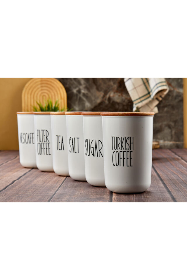 6'lı Ahşap Kapaklı Transfer Etiketli Coffe/tea/sugar PLASTİKKavanoz 900ml Saklama Kabı. Beyaz