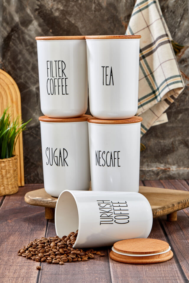 5'li Ahşap Kapaklı Transfer Etiket Coffe/tea/sugar PLASTİK Kavanoz 900ml Saklama Kabı.cam Değildir. Beyaz