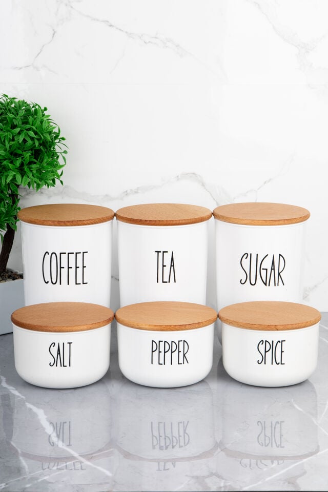 6'lı Ahşap Kapaklı Akrilik (PLASTİK) Kavanoz Seti 900ml/400ml Transfer Etiketli Beyaz