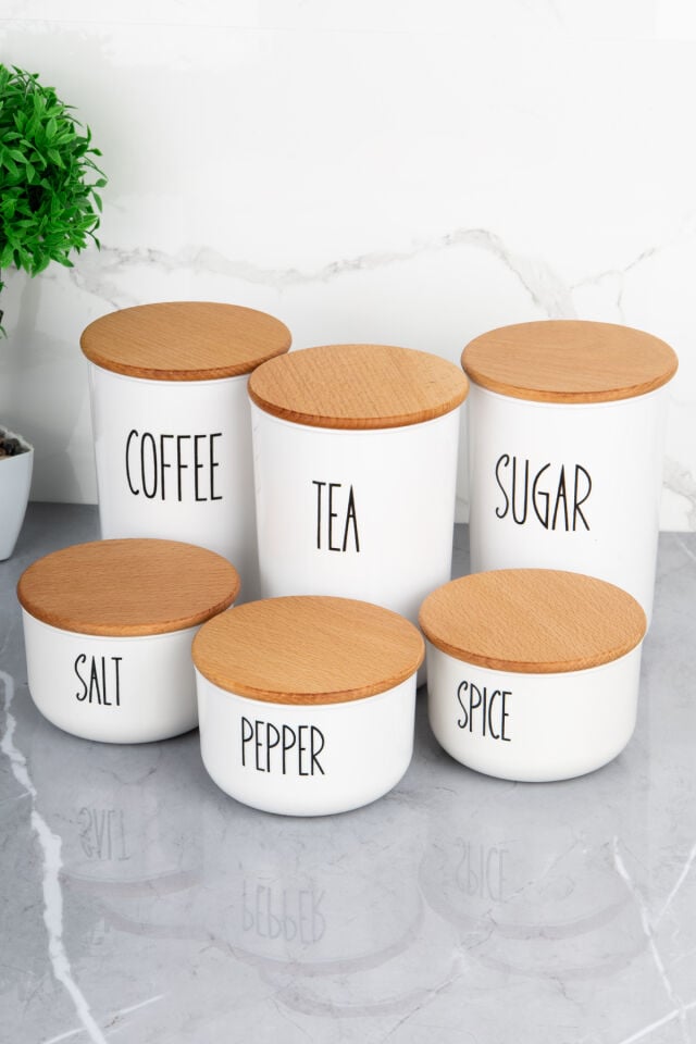 6'lı Ahşap Kapaklı Akrilik (PLASTİK) Kavanoz Seti 900ml/400ml Transfer Etiketli Beyaz