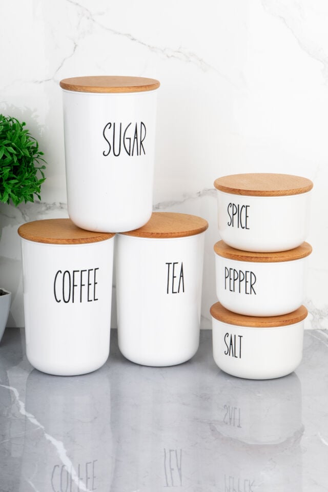 6'lı Ahşap Kapaklı Akrilik (PLASTİK) Kavanoz Seti 900ml/400ml Transfer Etiketli Beyaz