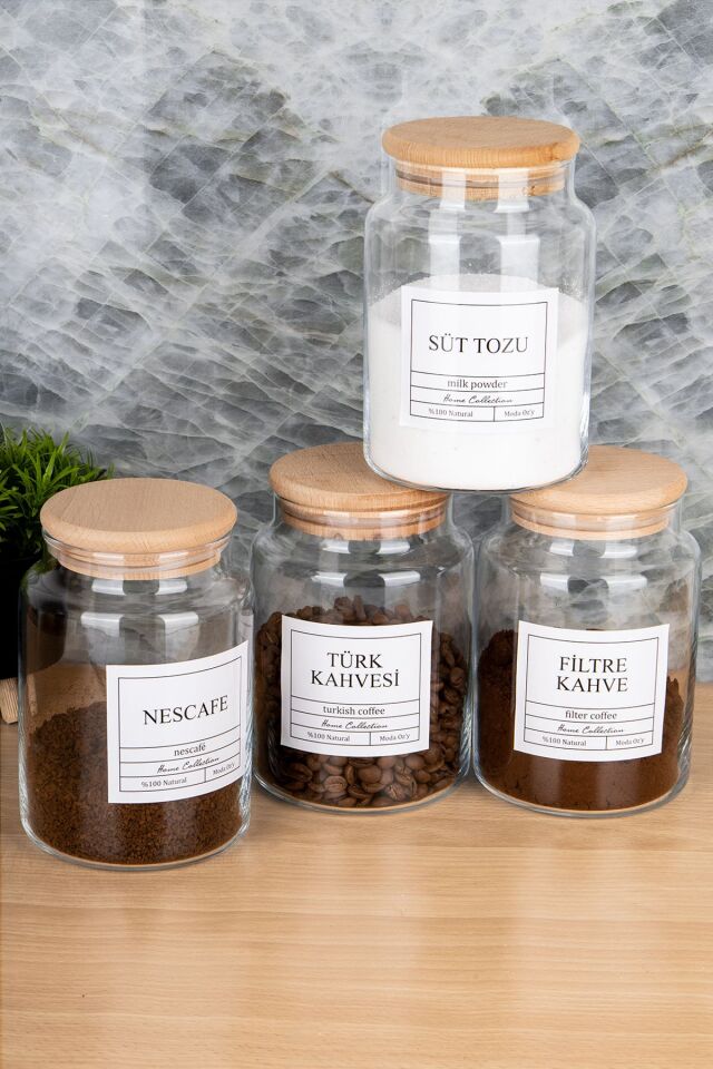 4lü 800ml Ahşap Kapaklı Türk Kahvesi&Filtre Kahve&Nescafe&Süttozu Etiketli Kavanoz Cam Saklama Kabı