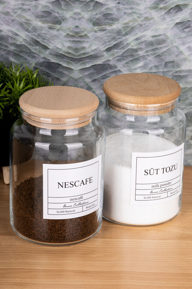 2li 800ml Ahşap Kapaklı Nescafe&Süt Tozu Kavanozu Vakumlu Saklama Kabı (Etiket Dahildir)