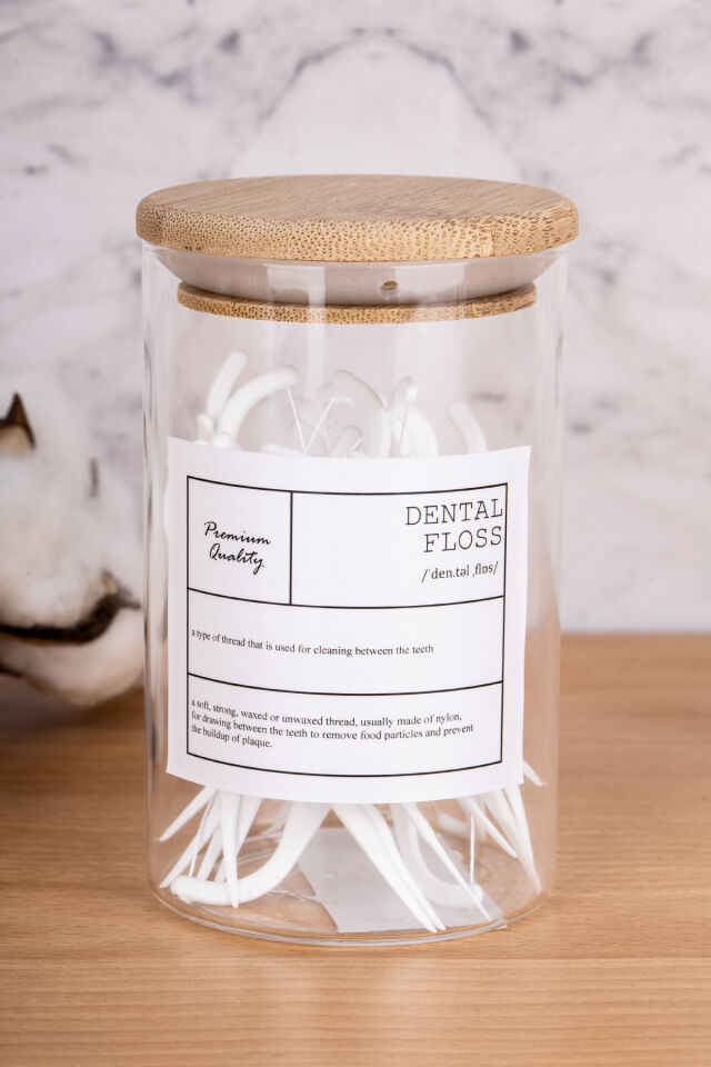 250ml Bambu Kapaklı Borosilikat Cam Diş İpi Kavanozu (Etiket Dahil)