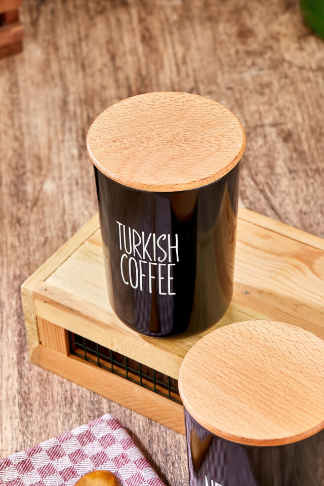 2'li Ahşap Vakum Kapaklı Transfer Etiketli Turkıshcoffe/Nescafe Akrilik(PLASTİK) Kavanoz 900ml Siyah