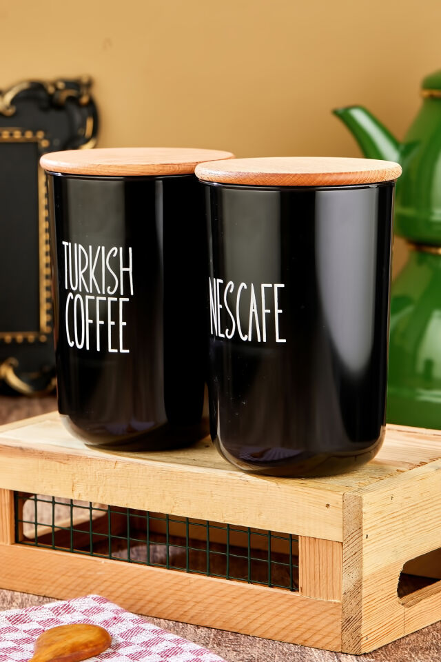 2'li Ahşap Vakum Kapaklı Transfer Etiketli Turkıshcoffe/Nescafe Akrilik(PLASTİK) Kavanoz 900ml Siyah