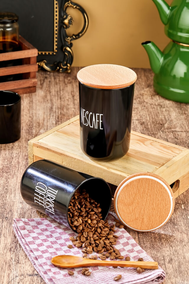 2'li Ahşap Vakum Kapaklı Transfer Etiketli Turkıshcoffe/Nescafe Akrilik(PLASTİK) Kavanoz 900ml Siyah