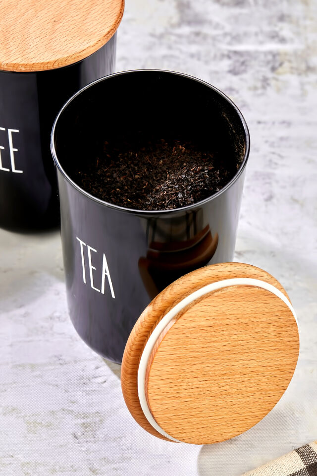 2'li Ahşap Vakum Kapaklı Transfer Etiketli Tea/Coffe Akrilik (Plastik)Kavanoz 900ml Siyah