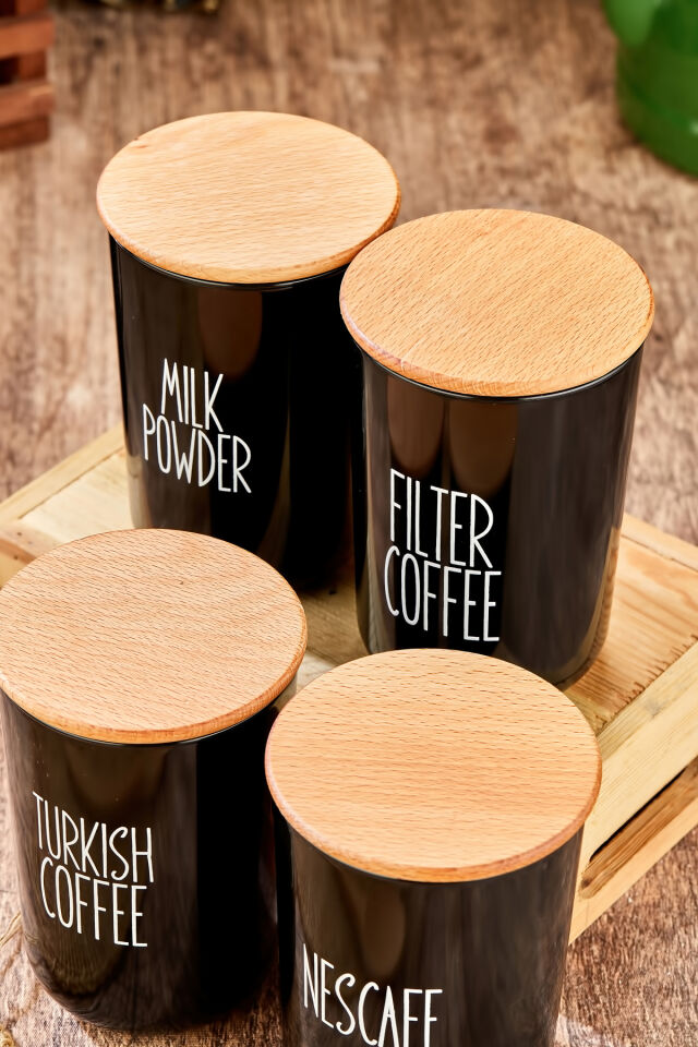 4'lü Ahşap Kapaklı Etiketli Turkısh-Fılter-Nescafe-Milkpowder Akrilik(Plastik) Kavanoz 900ml Siyah