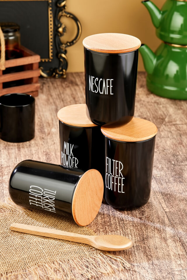 4'lü Ahşap Kapaklı Etiketli Turkısh-Fılter-Nescafe-Milkpowder Akrilik(Plastik) Kavanoz 900ml Siyah