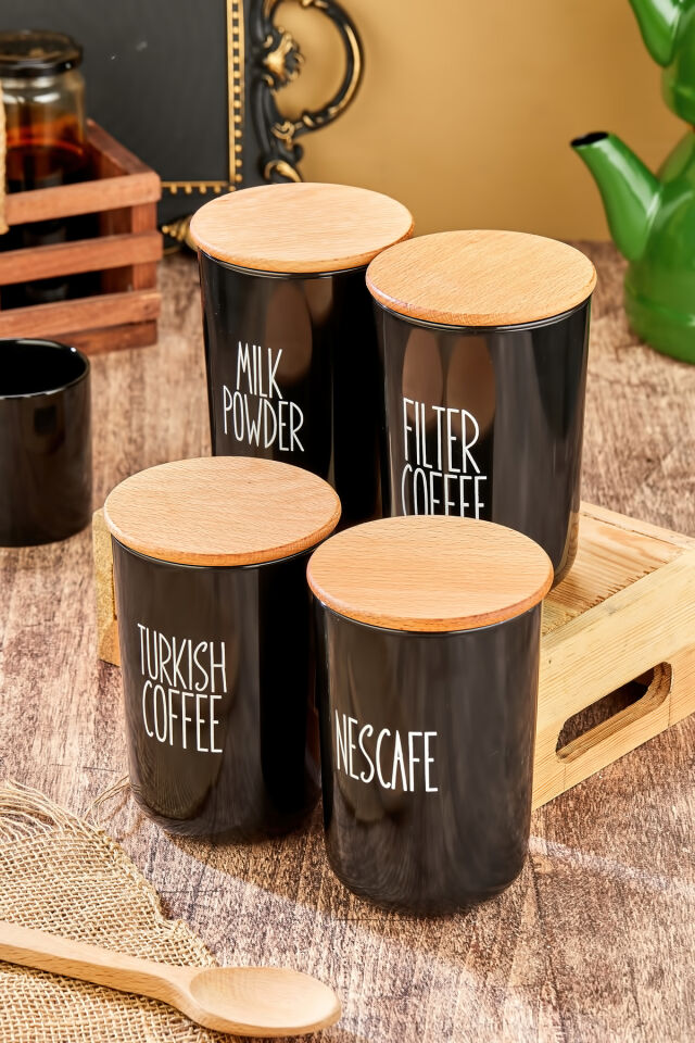 4'lü Ahşap Kapaklı Etiketli Turkısh-Fılter-Nescafe-Milkpowder Akrilik(Plastik) Kavanoz 900ml Siyah