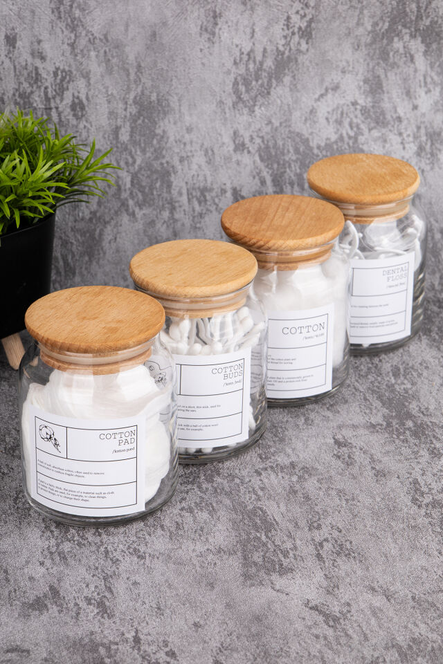 4Lü 300ml Ahşap Kapaklı Pamuk/Kulak Pamuğu/Makyaj Pamuğu/Diş İpi Kavanozu Cam Banyo Düzenleyici