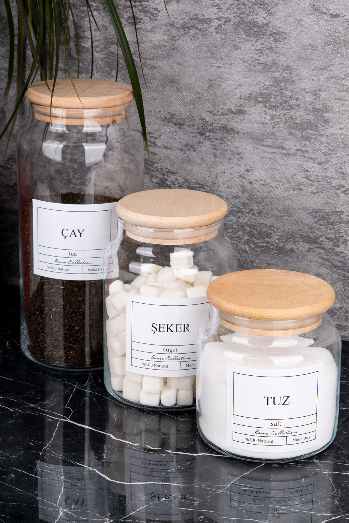 3'lü 1300/800/500 ml Ahşap Kapaklı Çay&Şeker&Tuz Kavanozu Vakumlu Saklama Kabı Şeffaf
