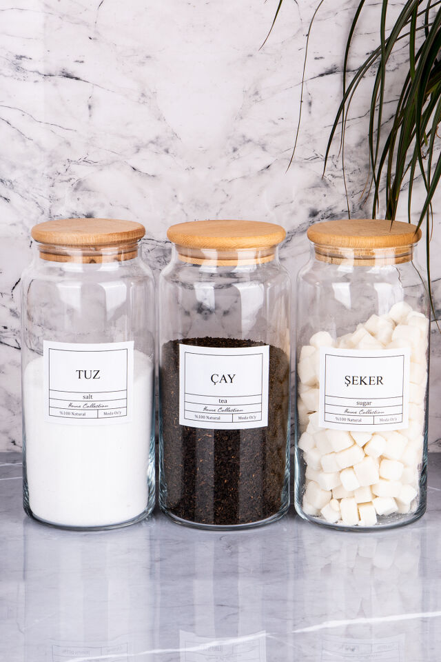 3'lü Ahşap Kapaklı Vakumlu Çay&Şeker&Tuz Kavanozu 1300Ml Saklama Kabı