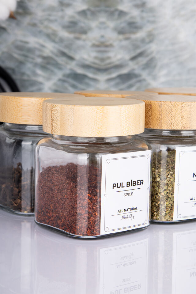 Etiketli Bambu Kapaklı 300 ml 6 Adet Kavanoz Ve 6 Adet Mini Baharat Kaşığı - 12 Parça Baharat Seti