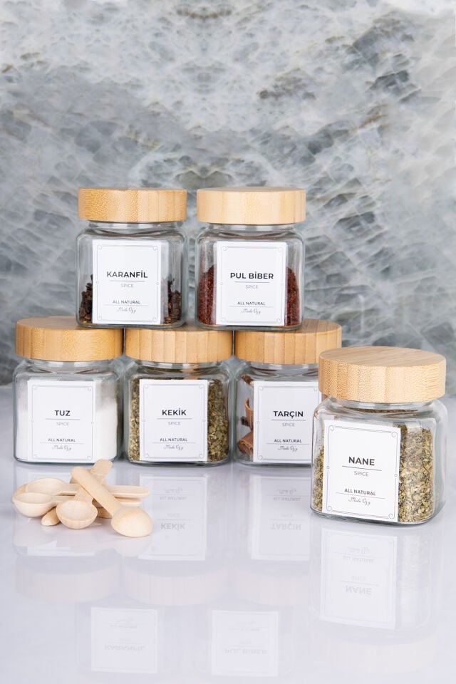 Etiketli Bambu Kapaklı 300 ml 6 Adet Kavanoz Ve 6 Adet Mini Baharat Kaşığı - 12 Parça Baharat Seti