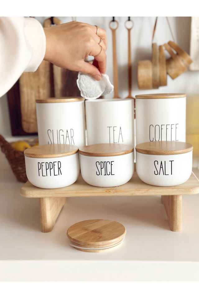 3lü Bambu Kapaklı Vakumlu Çay/kahve/şeker Ve 3lü Salt/pepper/spice Kavanozu Yükseltici Stantlı