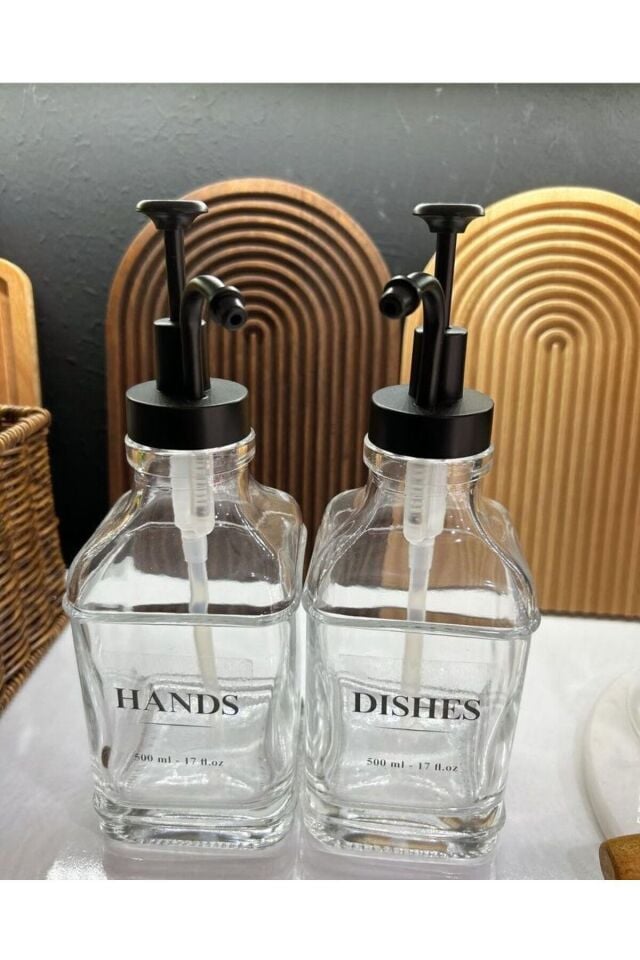 2'li 500 ml Tezgah Üstü Cam Sıvı Sabunluk Mutfak /Banyo (Etiket Dahildir)