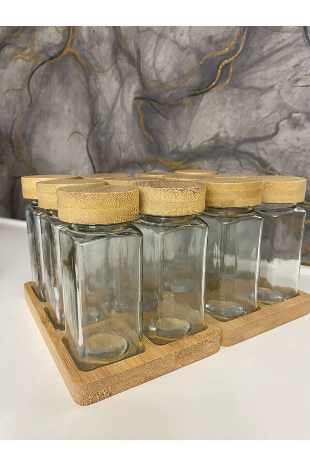 6lı Bambu Kapaklı Bambu Standlı 120 ml Cam Baharatlık Seti
