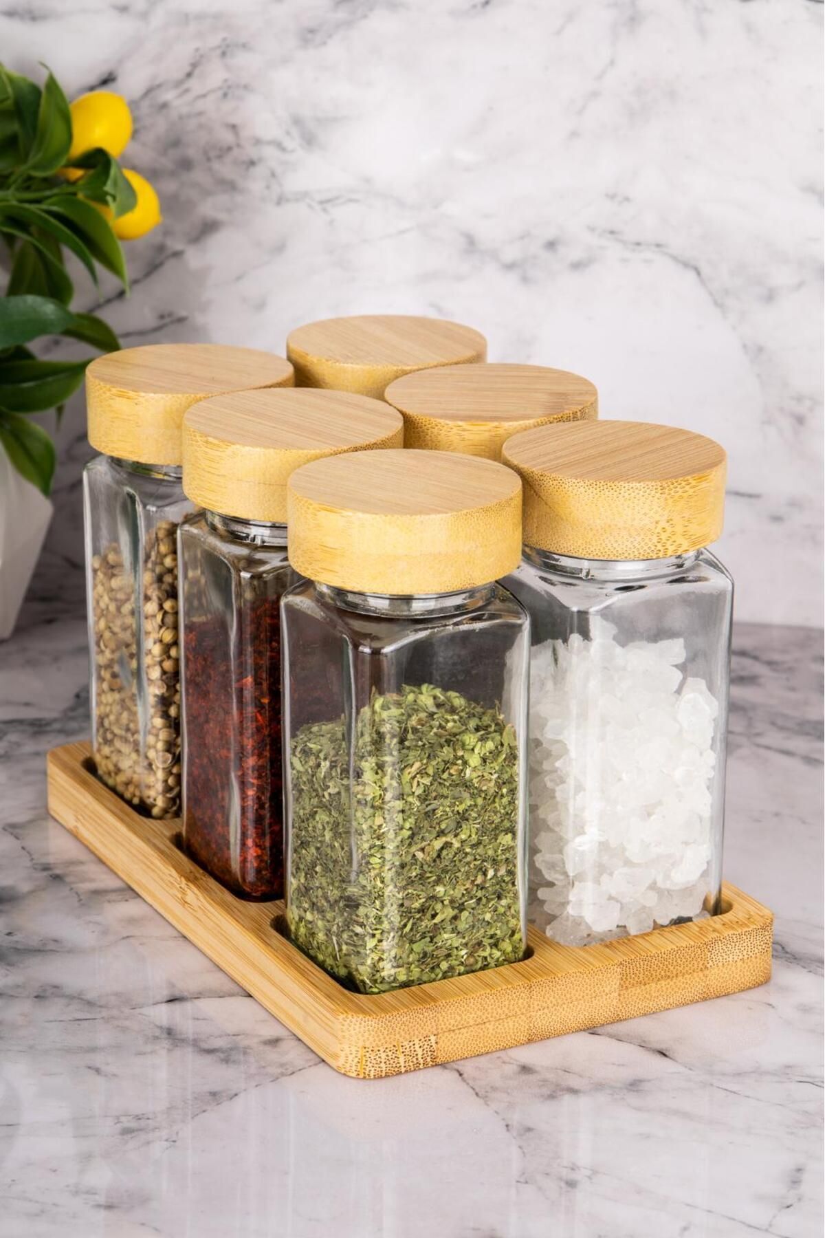 6lı Bambu Kapaklı Bambu Standlı 120 ml Cam Baharatlık Seti