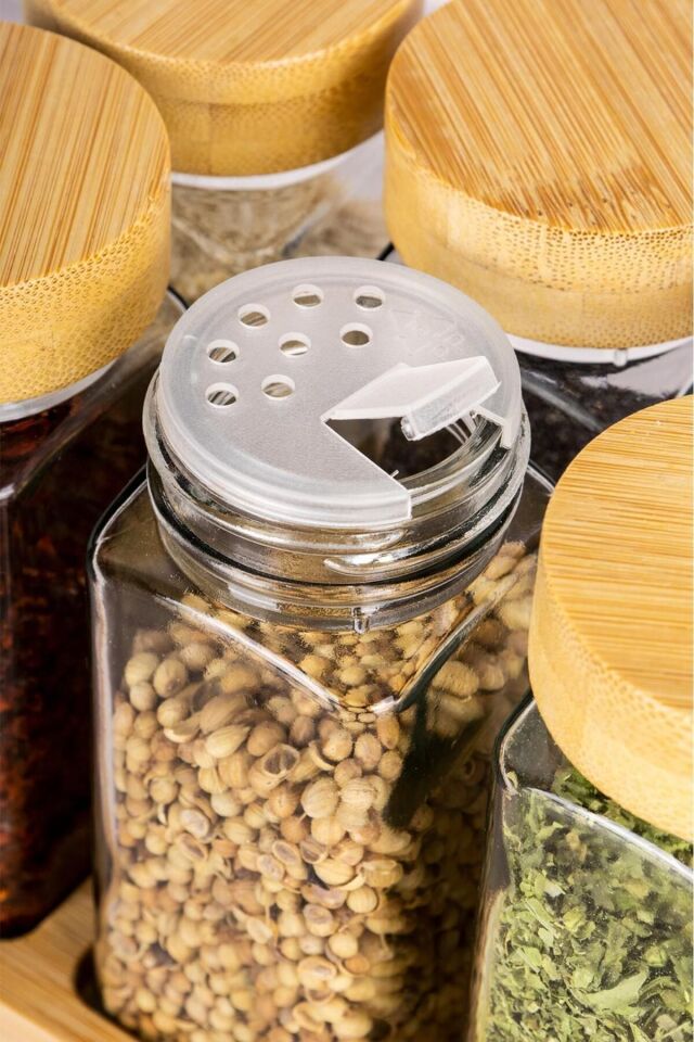 12lı Bambu Kapaklı  2 Adet  Bambu Standlı 120 ml Cam Baharatlık Seti (etiket hediyeli)