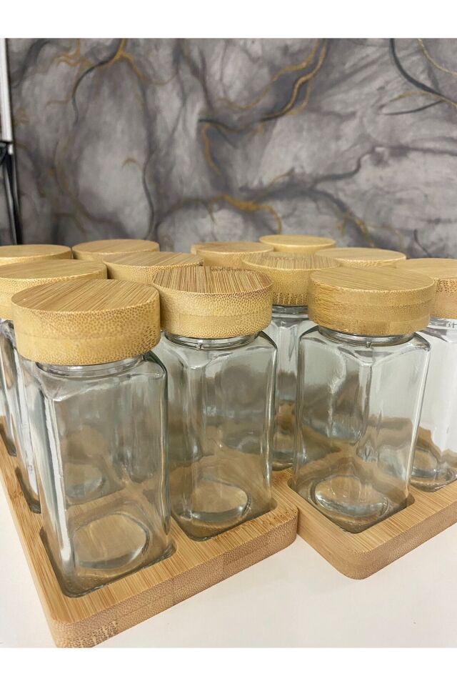 12lı Bambu Kapaklı  2 Adet  Bambu Standlı 120 ml Cam Baharatlık Seti (etiket hediyeli)