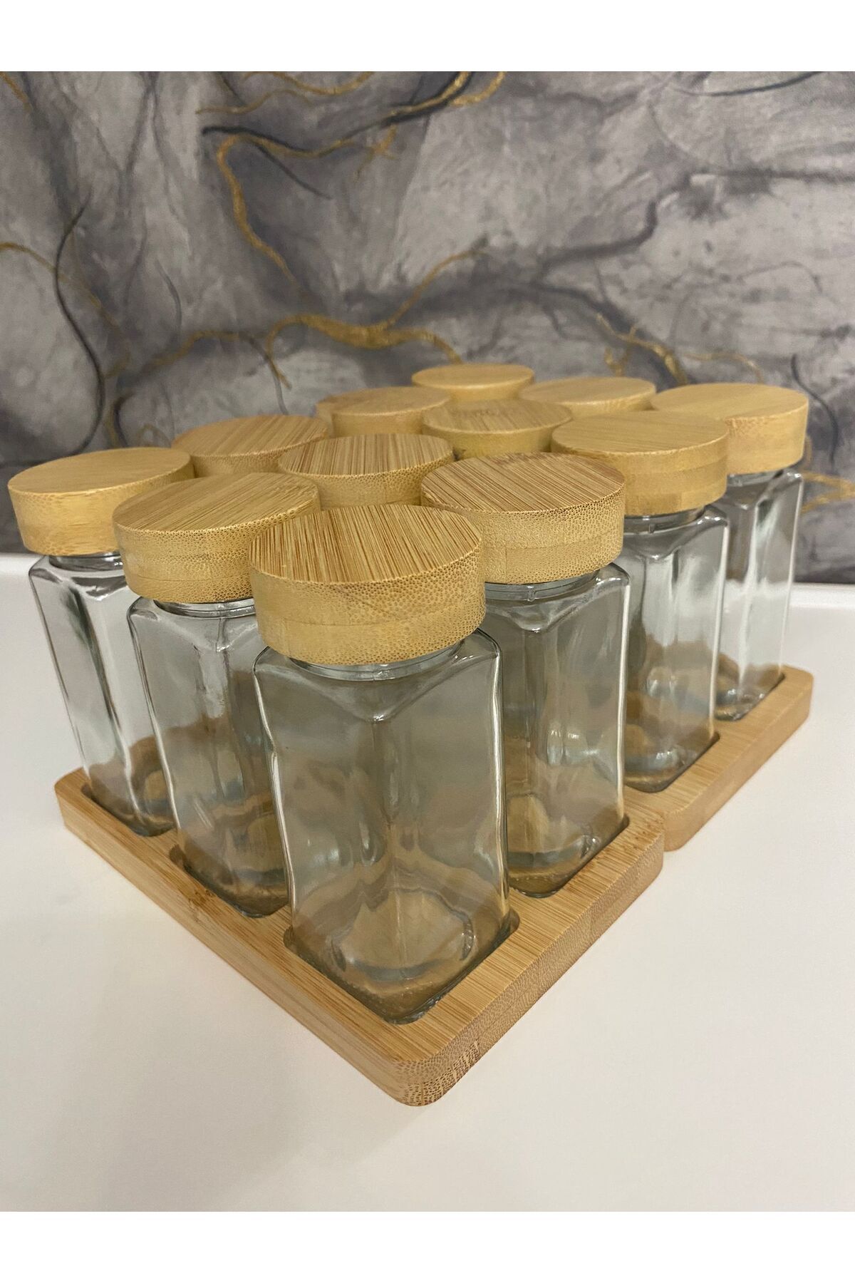 12lı Bambu Kapaklı  2 Adet  Bambu Standlı 120 ml Cam Baharatlık Seti (etiket hediyeli)