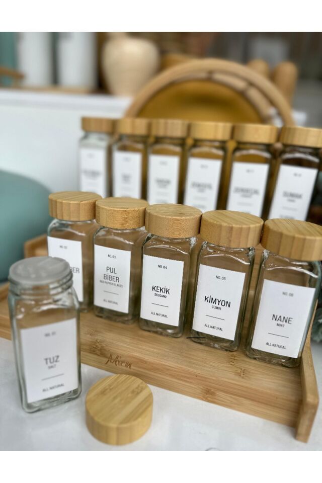 12li Bambu Kapaklı 120ml Cam Baharatlık Baharat Seti Baharat Etiketi Hediyeli