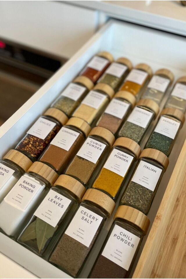 12li Bambu Kapaklı 120ml Cam Baharatlık Baharat Seti Baharat Etiketi Hediyeli