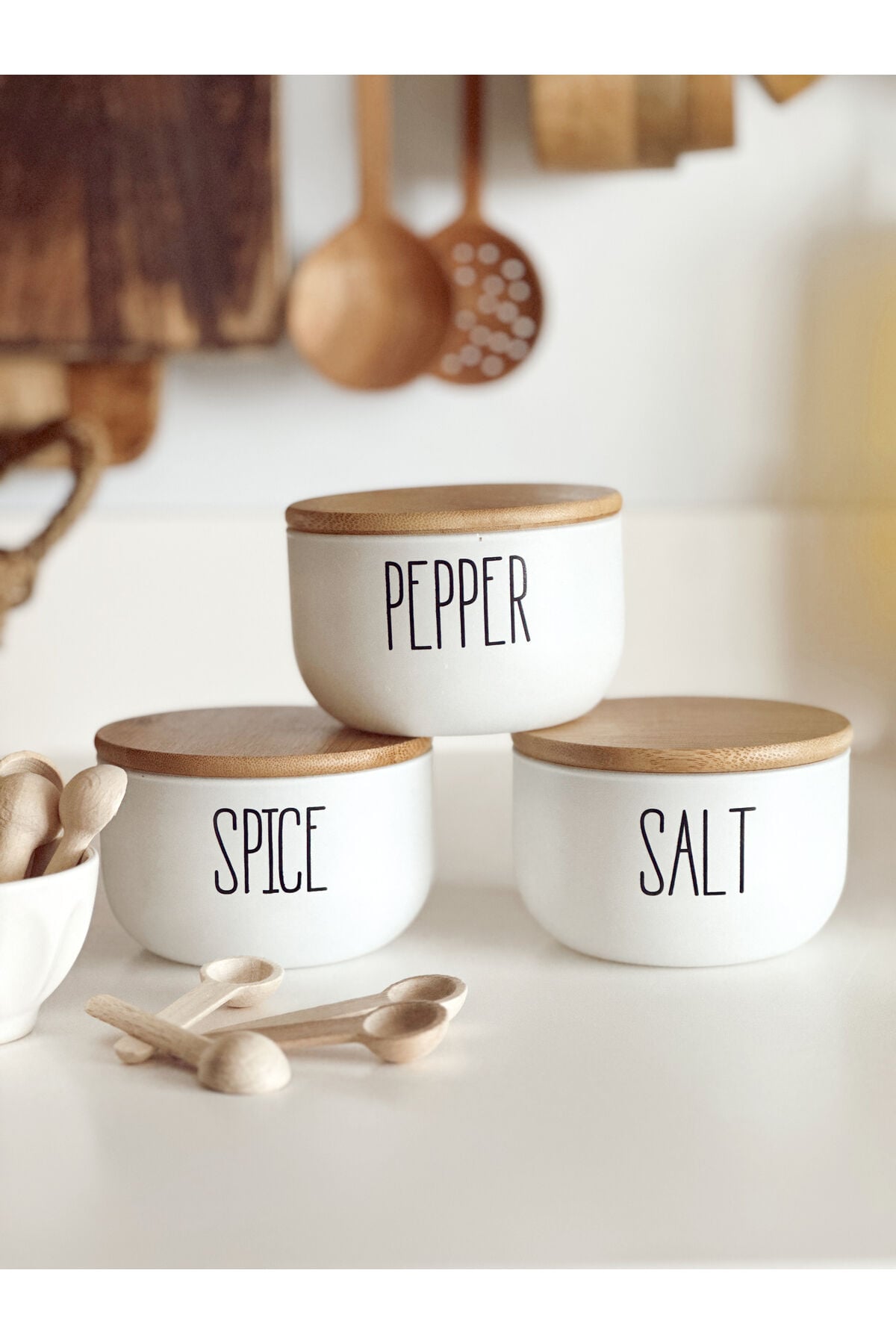3Lü Cam Bambu Kapaklı Salt/Pepper/Spice Kavanozu