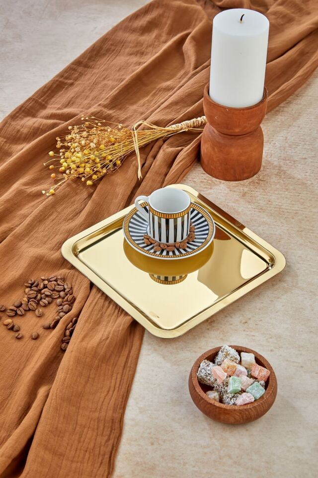 1 Adet Lüx Kare Paslanmaz Çelik Gold Renk 21x21cm Kahve Servis Sunum Tepsisi&tabağı