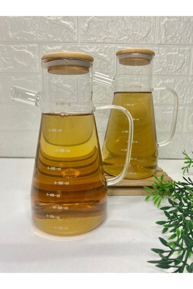 2'li Bambu Kapaklı Ve Ahşap Altlıklı Borosilikat Cam Yağlık Sirkelik 900 ml (KIRIK ÜRÜN GARANTİLİ)