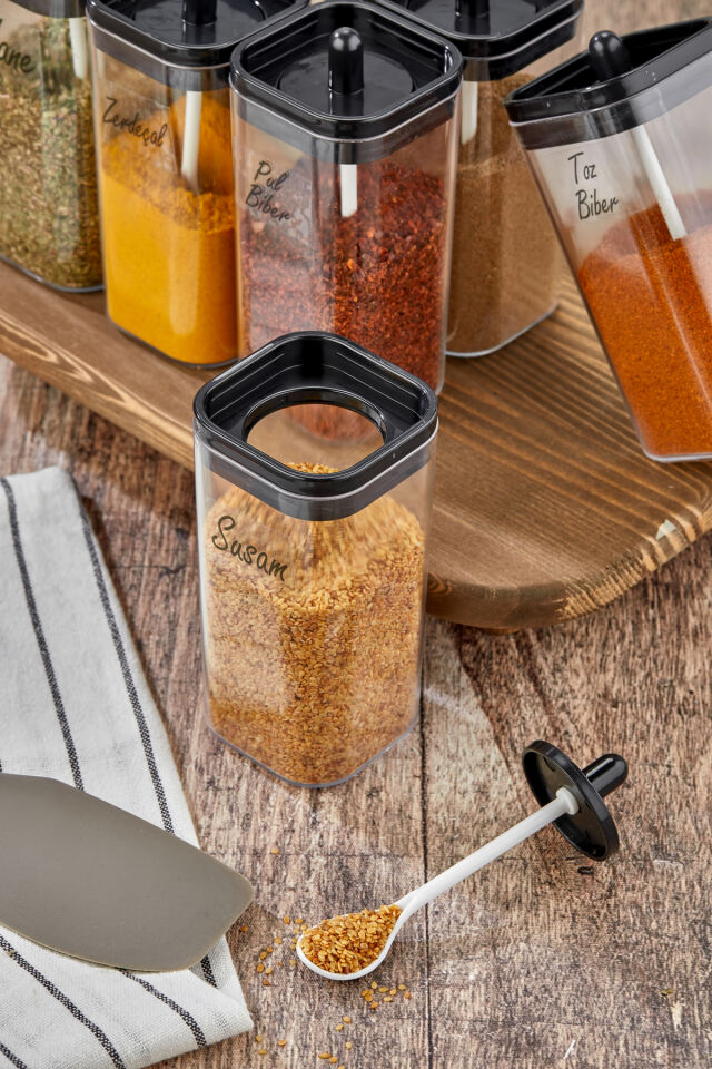 8li Kendinden Kaşıklı Baharatlık Ahşap Standlı 300ml Baharat Seti Şeffaf Baharat Etiketli Baharatlık