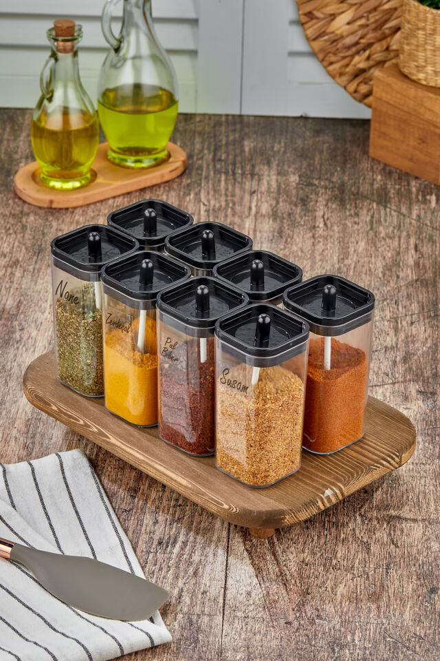 8li Kendinden Kaşıklı Baharatlık Ahşap Standlı 300ml Baharat Seti Şeffaf Baharat Etiketli Baharatlık